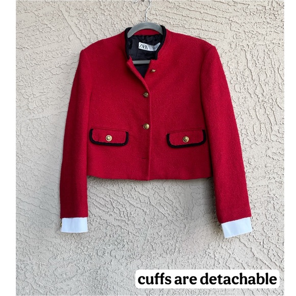ZARA Red Boucle Textured Blazer Jacket w/ Detachable White Cuffs NWT *Flawed - Picture 16 of 16